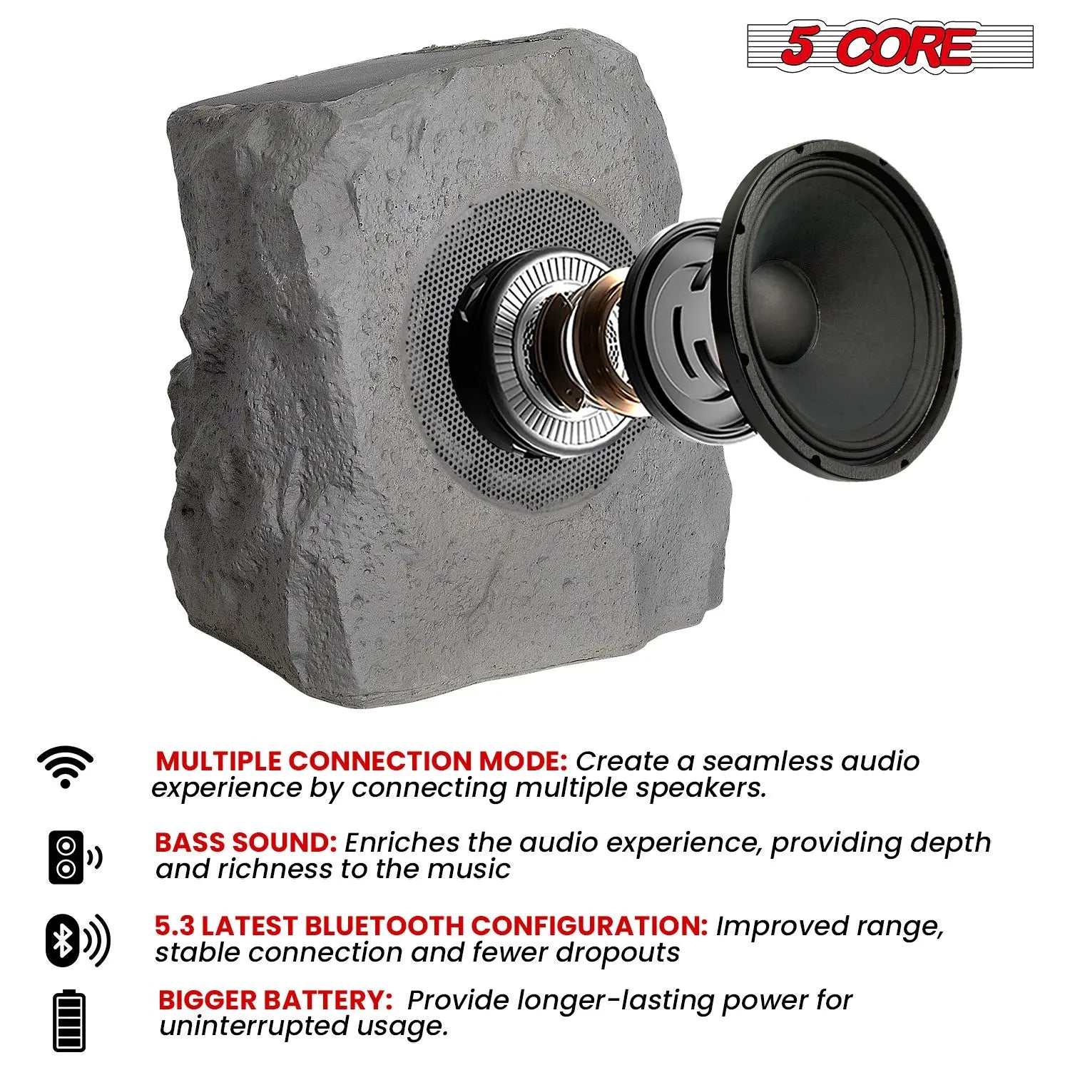 Rock Speaker Outdoor Waterproof Bluetooth Garden Speakers Solar & USB Charging RGB Colors for Patio Pool & Home