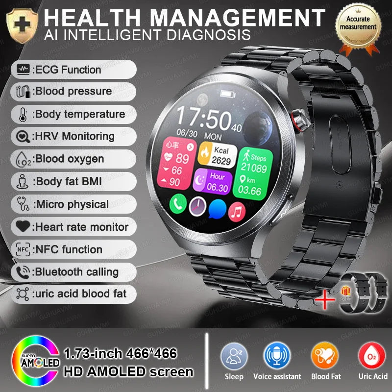 2026 New Sapphire Glass Health Trackr Uric Acid Blood Fat Smart Watch Blood Pressure ECG+PPG Clock Body Analysis Smartwatchs Men