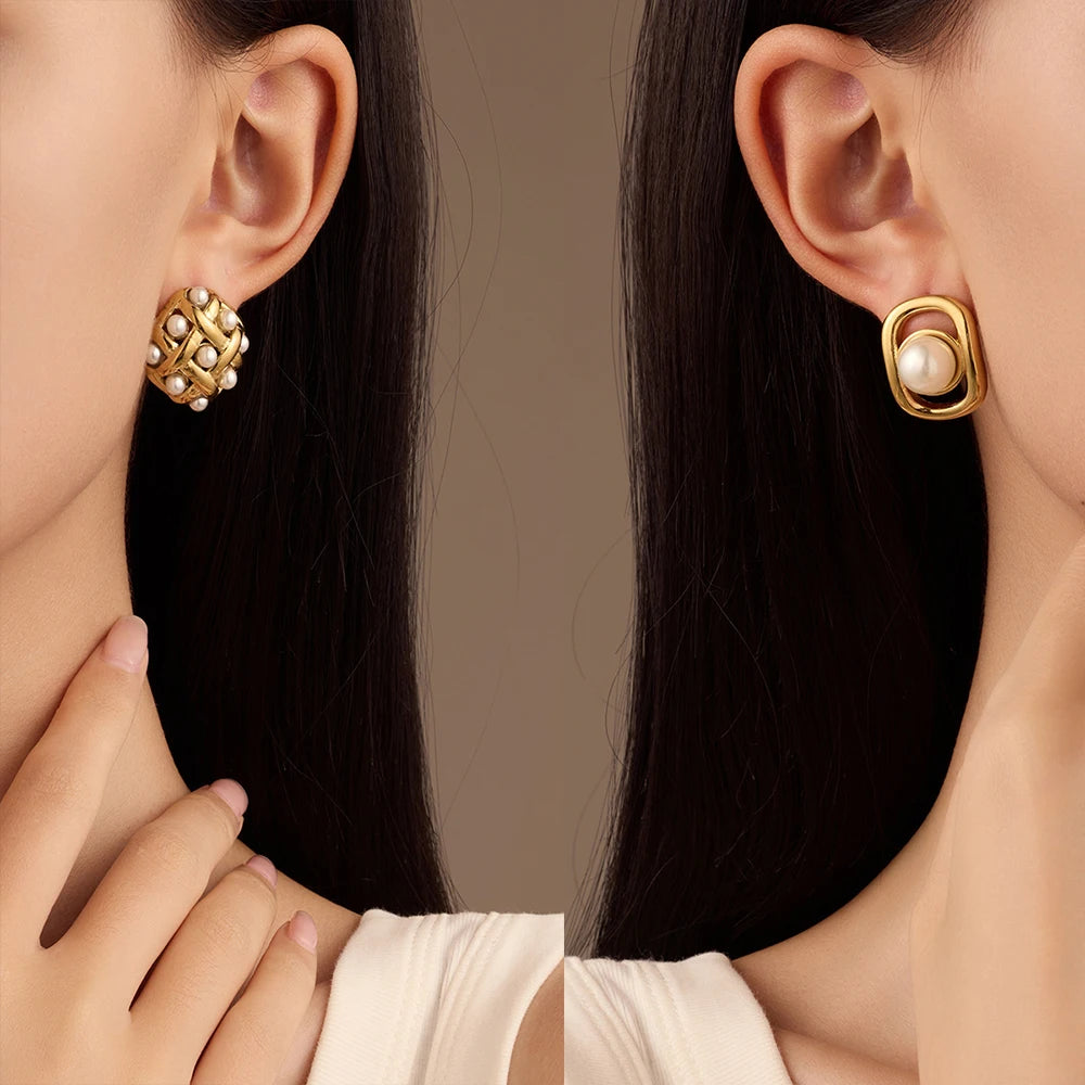 Fashion Stainless Steel Pearl Earrings for Women Texture Geometric Irregular Round Metal Stud Earring Trendy Jewelry Gift