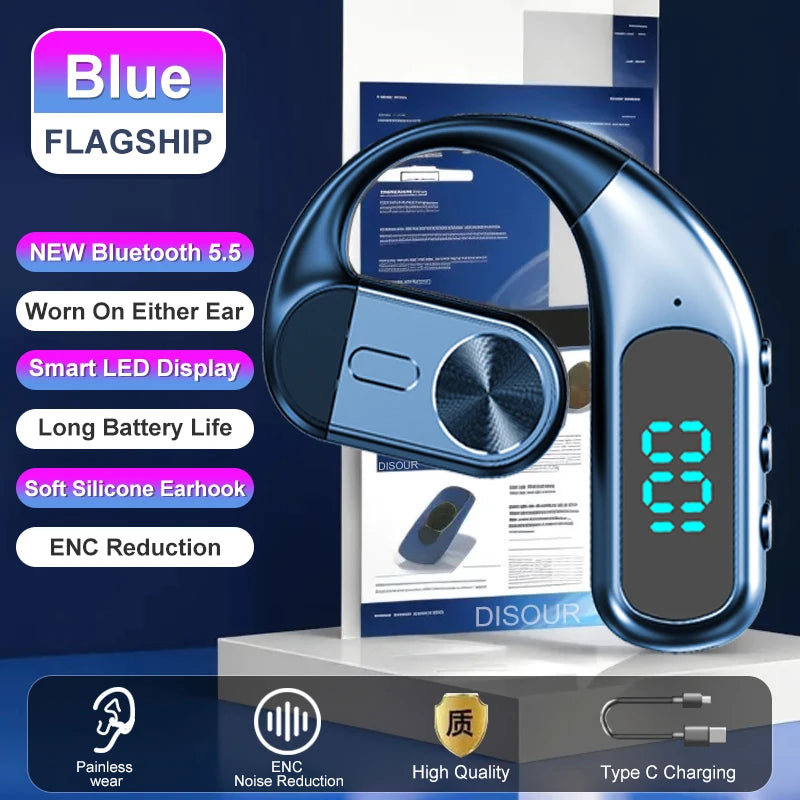 Single Ear Bluetooth 5.5 Wireless Earphone LED Display Ear-Hook Headset 180° Rotatable Wireless Earbuds Waterproof Sport Headset