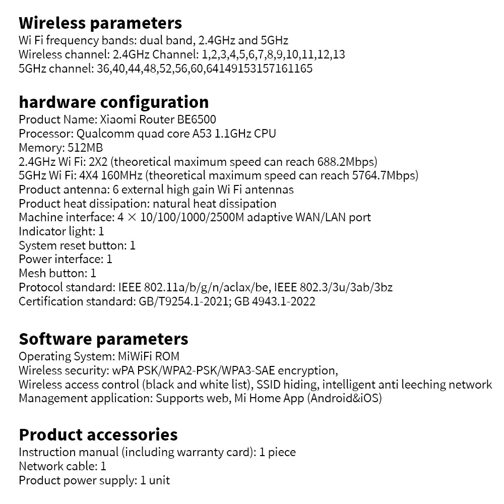 Xiaomi BE6500 Router Quad Nucleus 6500Mbps 2.5G Ethernet Port Dual Frequency 2.4/5GHz 6 Independent Signal Amplifiers Mesh Wifi7
