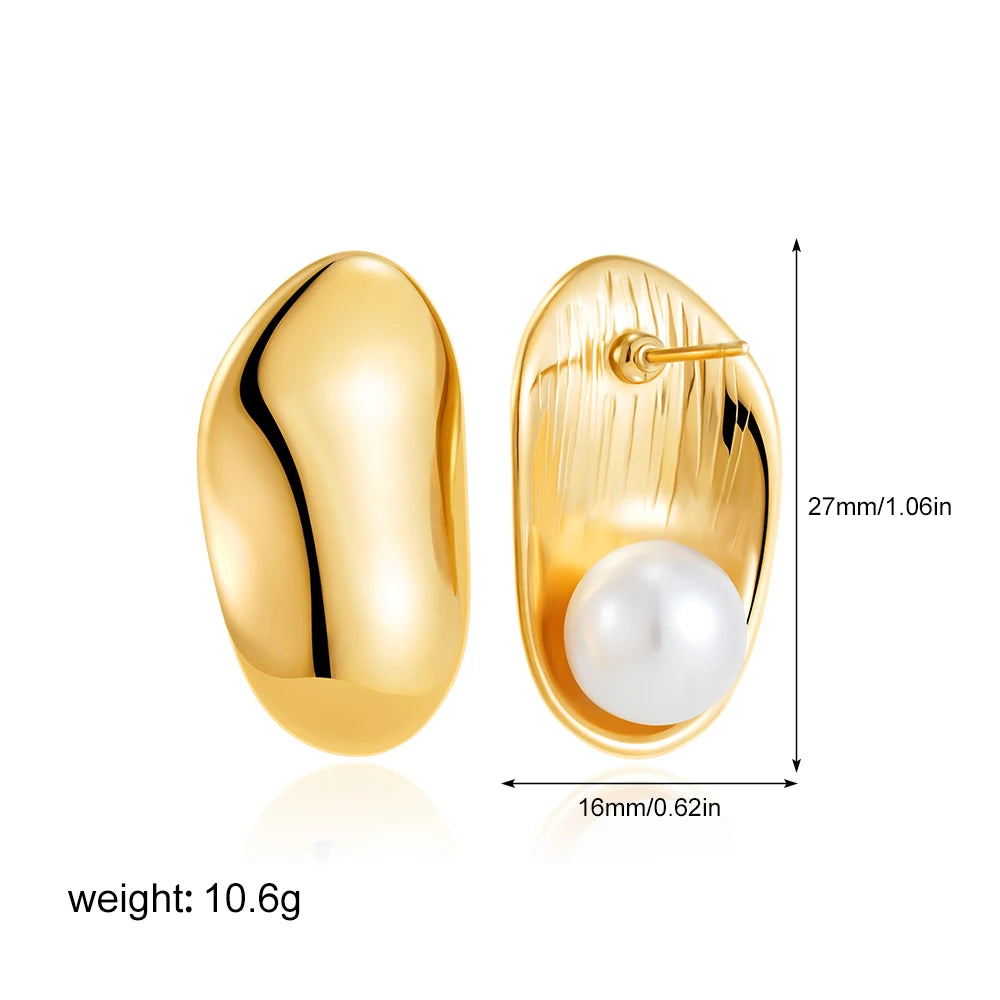 Fashion Stainless Steel Pearl Earrings for Women Texture Geometric Irregular Round Metal Stud Earring Trendy Jewelry Gift