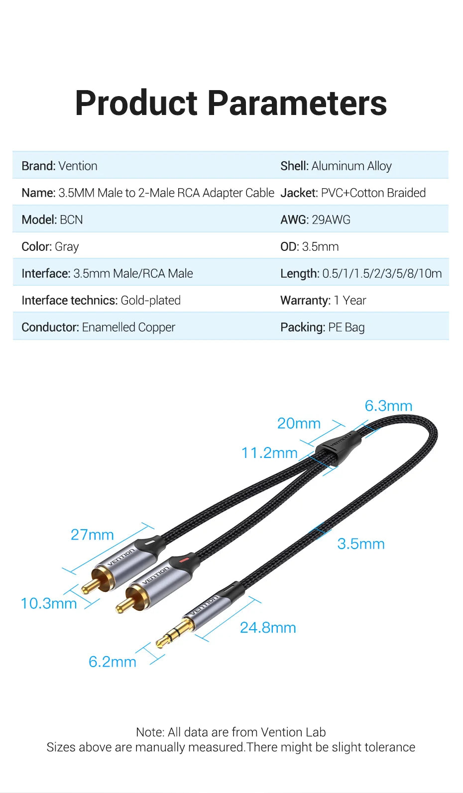 Vention RCA Cable HiFi Stereo 3.5mm Jack to 2RCA  Audio Cable AUX RCA 3.5 Y Splitter for Amplifiers Audio Home Theater Cable RCA
