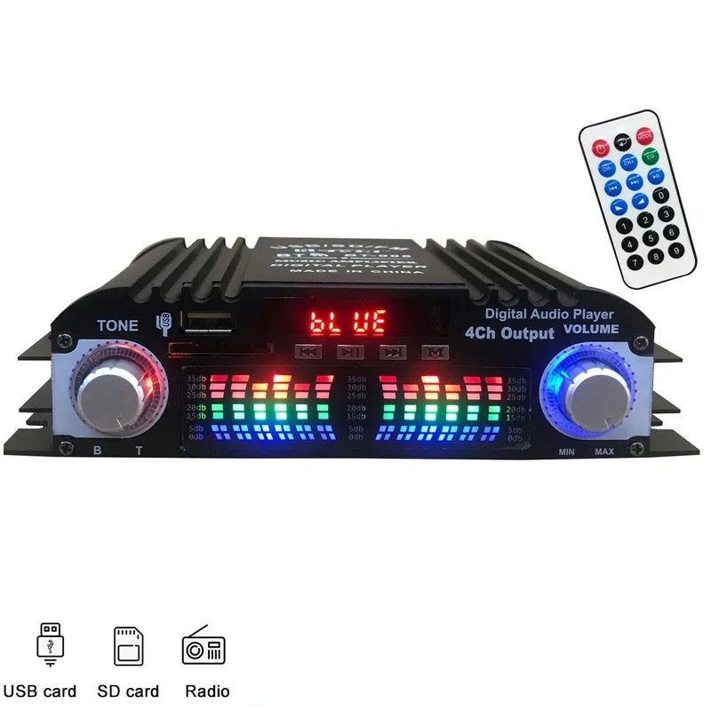 12V/220V Mini Bluetooth HiFi Power Amplifiers Stereo Car Home Audio Digital Sound Amplifier LCD Display FM SD USB Bass