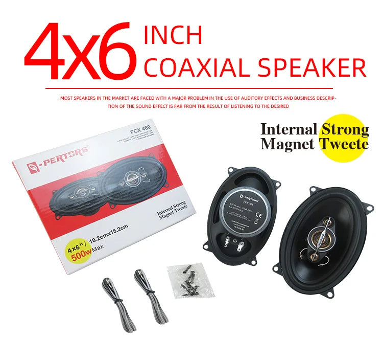 A pair of 4x6-inch coaxial four-way car audio speakers, 500W maximum power, 50W RMS, high-power sound quality, 4 ohm impedance