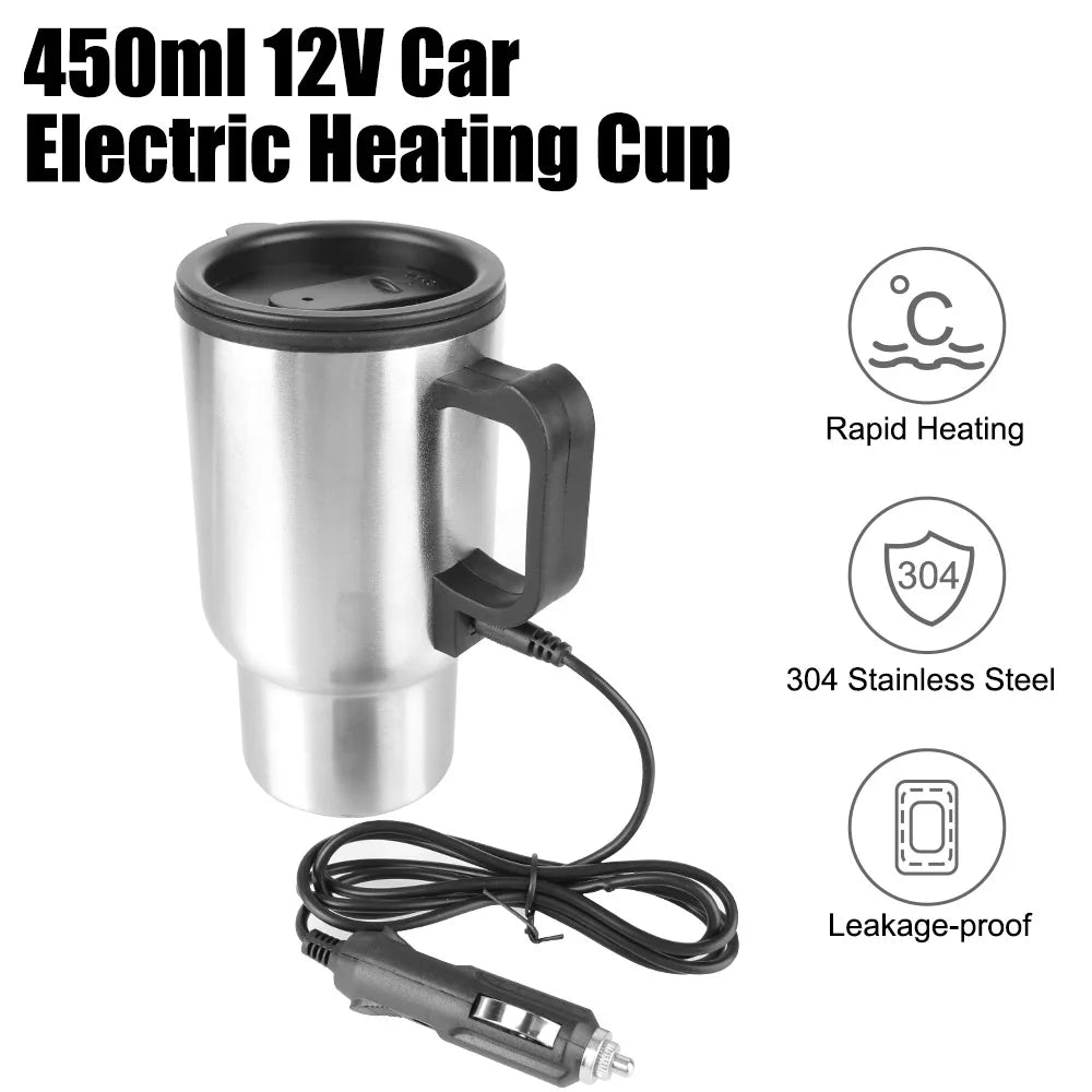 Water Coffee Milk Thermal Mug 12V 450ml Stainless Steel Vehicle Heating Cup Electric Heating Car Kettle Camping Travel Kettle