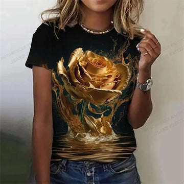 Golden Rose 3d Printed Tshirt Pretty Women's Clothing Female Harajuku Floral Print Tops Tees Ladies O-Neck Short Sleeve T Shirt