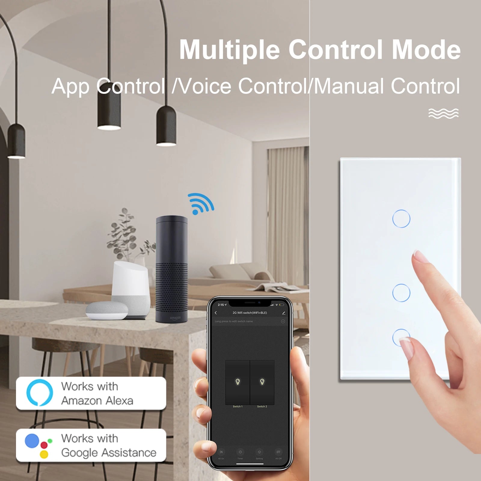 BSEED Wifi Touch Swithces Wall Light Switch With EU Socket USB Type-C Plugs Tuya Smart Life Alexa Yandex App Control Glass Panel