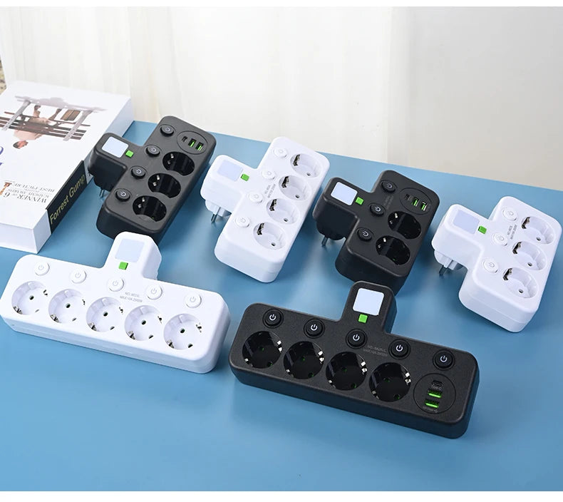 Wireless Wall Charger Socket with 3 AC Outlets +2 USB Ports+ 1 Type C 6-in-1 Plug Socket EU Plug Fast Charging power board