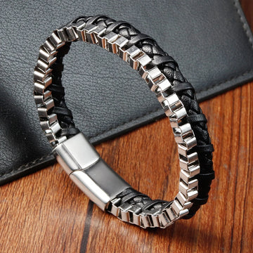 Classic Stainless Steel Leather Bracelet For Mens Chain Wristband Business Charm Jewelry Accessories for Dad Boyfriend