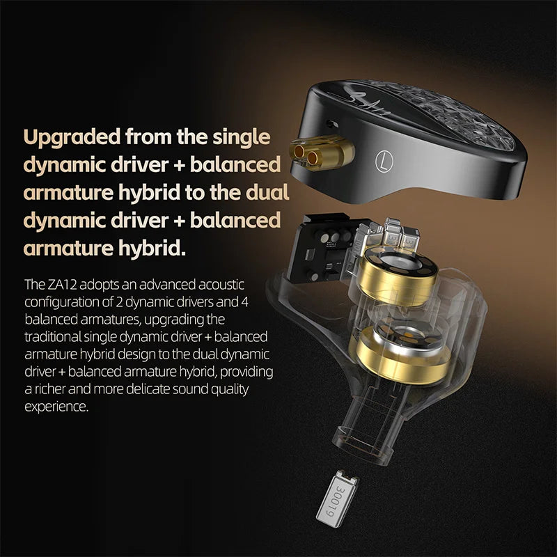 KZ ZA12 Hybrid dynamic balanced armature IEM earphones HiFi Bass wired headphone Noise Cancelling Earbuds in ear Monitor Headset