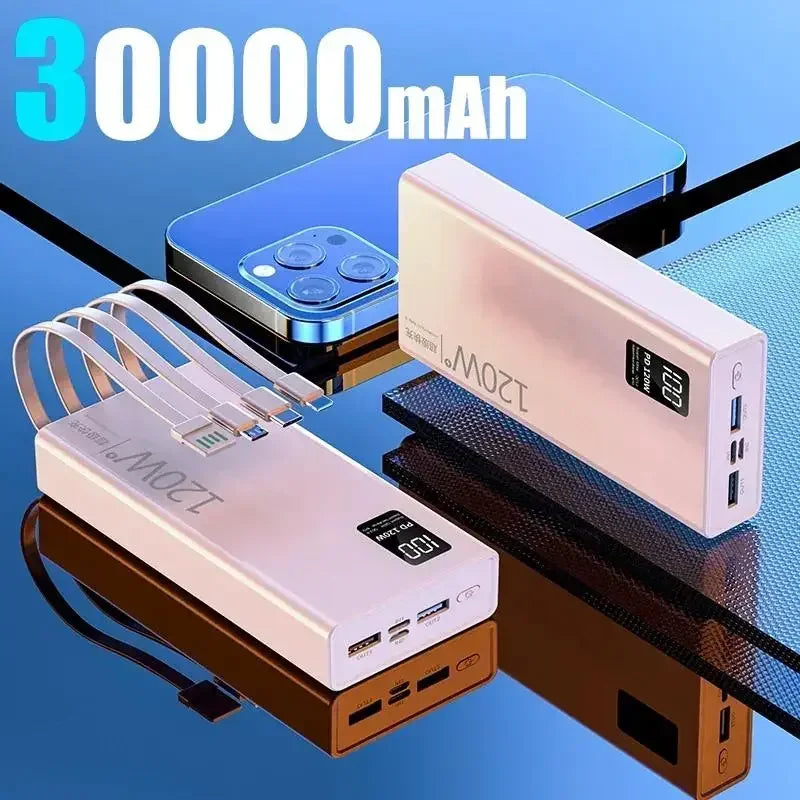 Lenovo 120W 50000mAh High Capacity Power Bank 4 in 1 Cables Fast Charging Power Bank Portable Charger for iPhone Samsung