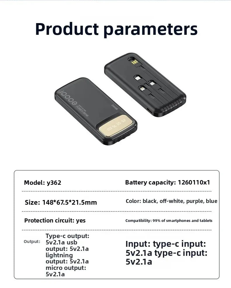 CCC Certified 10000mAh 20000mAh Power Bank Built in Type C Cable Ultra Thin Digital Display Portable External Battery Powerbank
