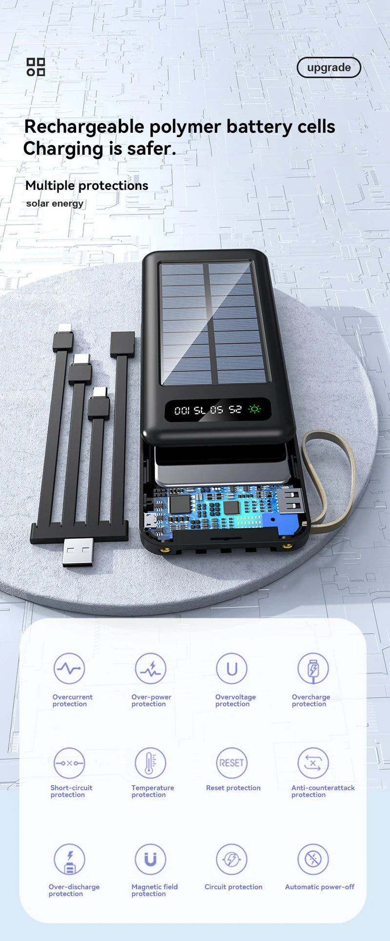 Solar Power Bank 50000mAh Large Capacity Mobile Power Fast Charging Battery Dual Usb 4 Cables LED Digital Display For IPhone