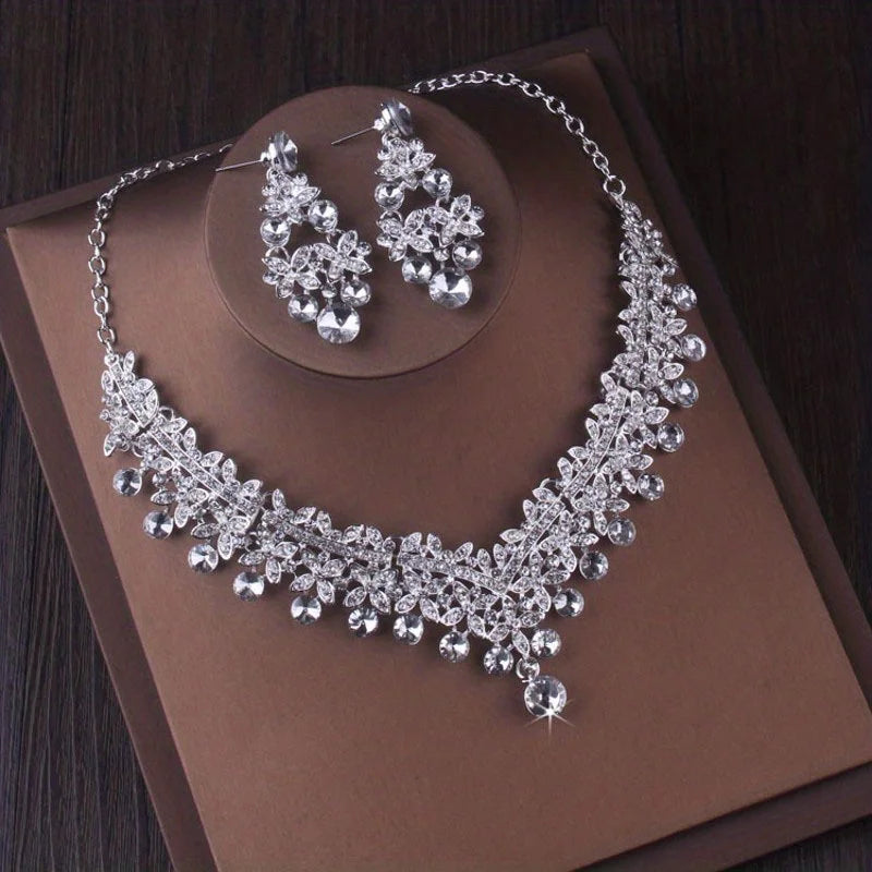 Bridal Headwear Luxury Silver-Color Crystal Water Drop Rhinestone Tiara Necklace Earrings Wedding 4 Pcs Jewelry Set