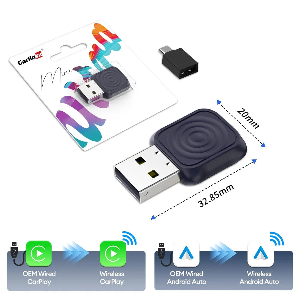 CarlinKit 5.0 Mini Ultra CarPlay Wireless Adapter 2 In 1 Wifi 5.8G Android Auto Wireless Dongle for Spotify Music OEM Car