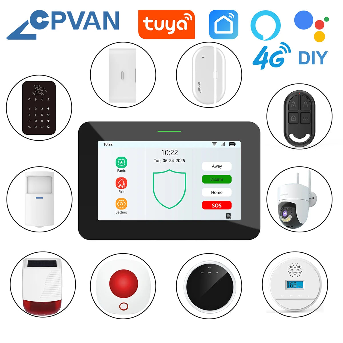 CPVAN Tuya smart Home Alarm System Wireless WiFi 4G 7 inch panel for Home burglar Security Protection Alarm Kit DIY Accessories