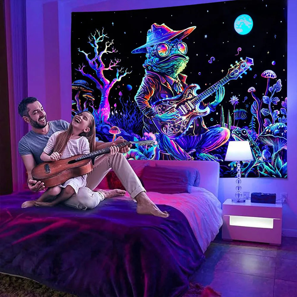 Neon Blacklight Tapestry UV Reactiv Alien DJ Tapestry Glow In The Dark Bohemian Elegance for Artful Wall Hanging and Home Décor