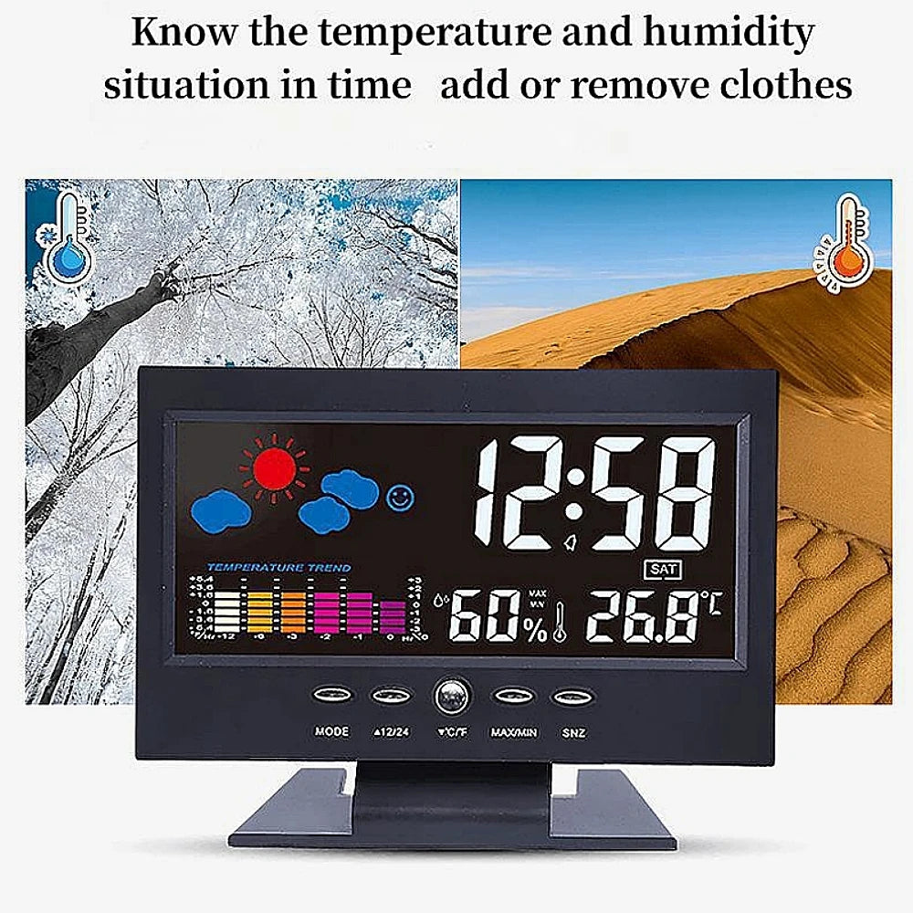 Voice Control Backlight Digital Weather Clock Date Week Temperature Humidity Weather Forecast 12/24H Electronic Clock