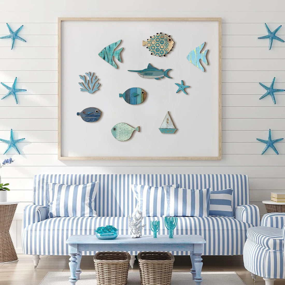 Handcrafted Wooden Ocean Wall Decor - Fish, Coral, Starfish & Sailboat Set for Home/Bathroom, Coastal Style Art