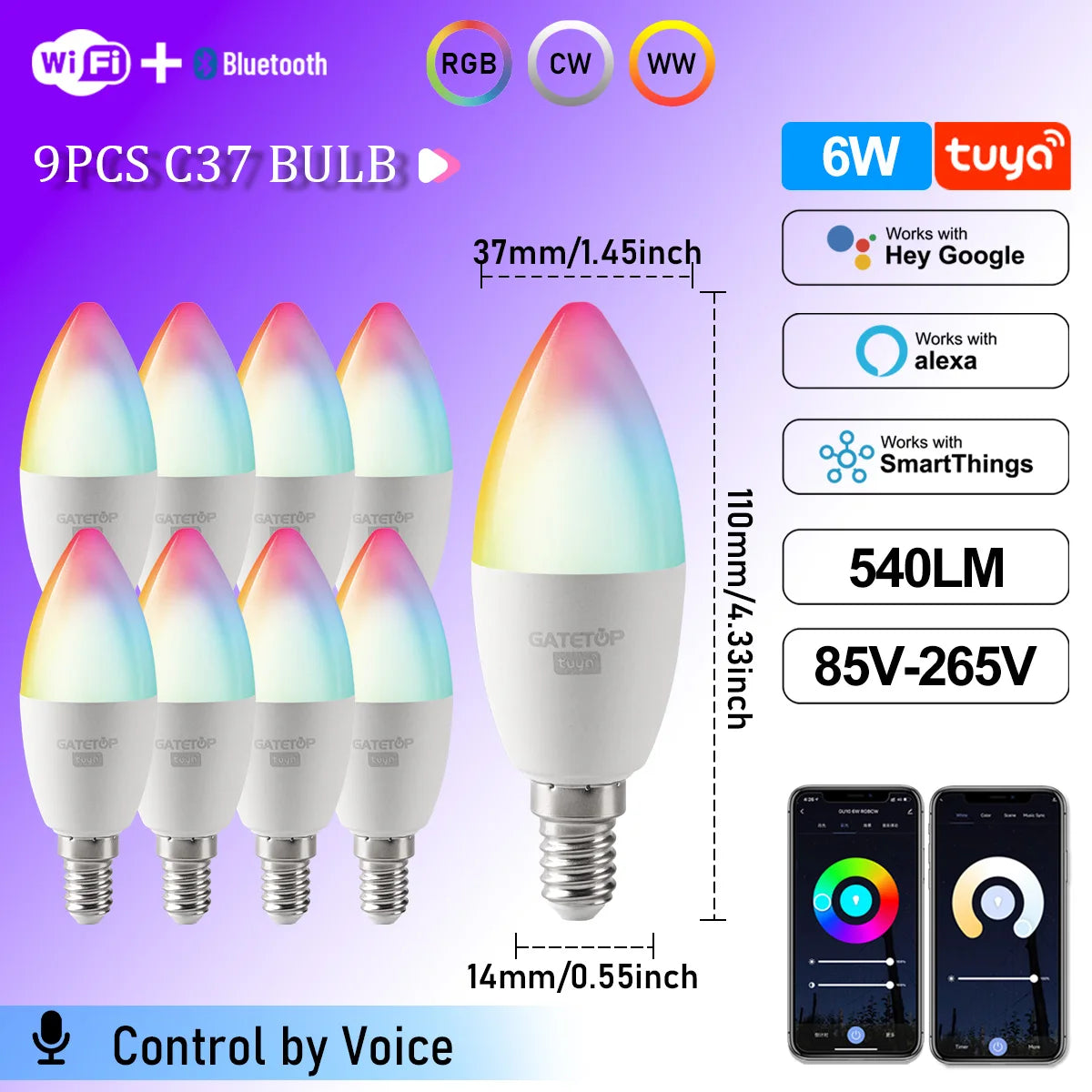 1-10PCS LED Candle Tuya Bulb WiFi E14 Smart RGB CW AC 85-265V 6W LED Lamp C37 Bulbs App Voice Control Support Alexa Google Home