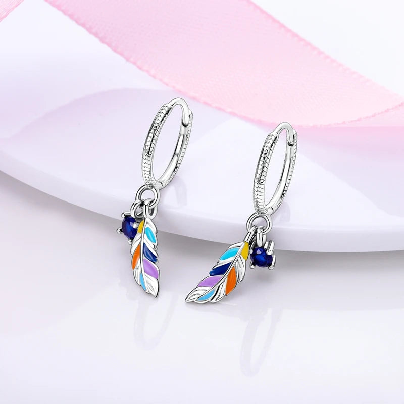 925 Sterling Silver Earrings Bohemian Colorful Feather Hoops Earrings With Zircon for Women Wedding Party Fashion Jewelry Gifts