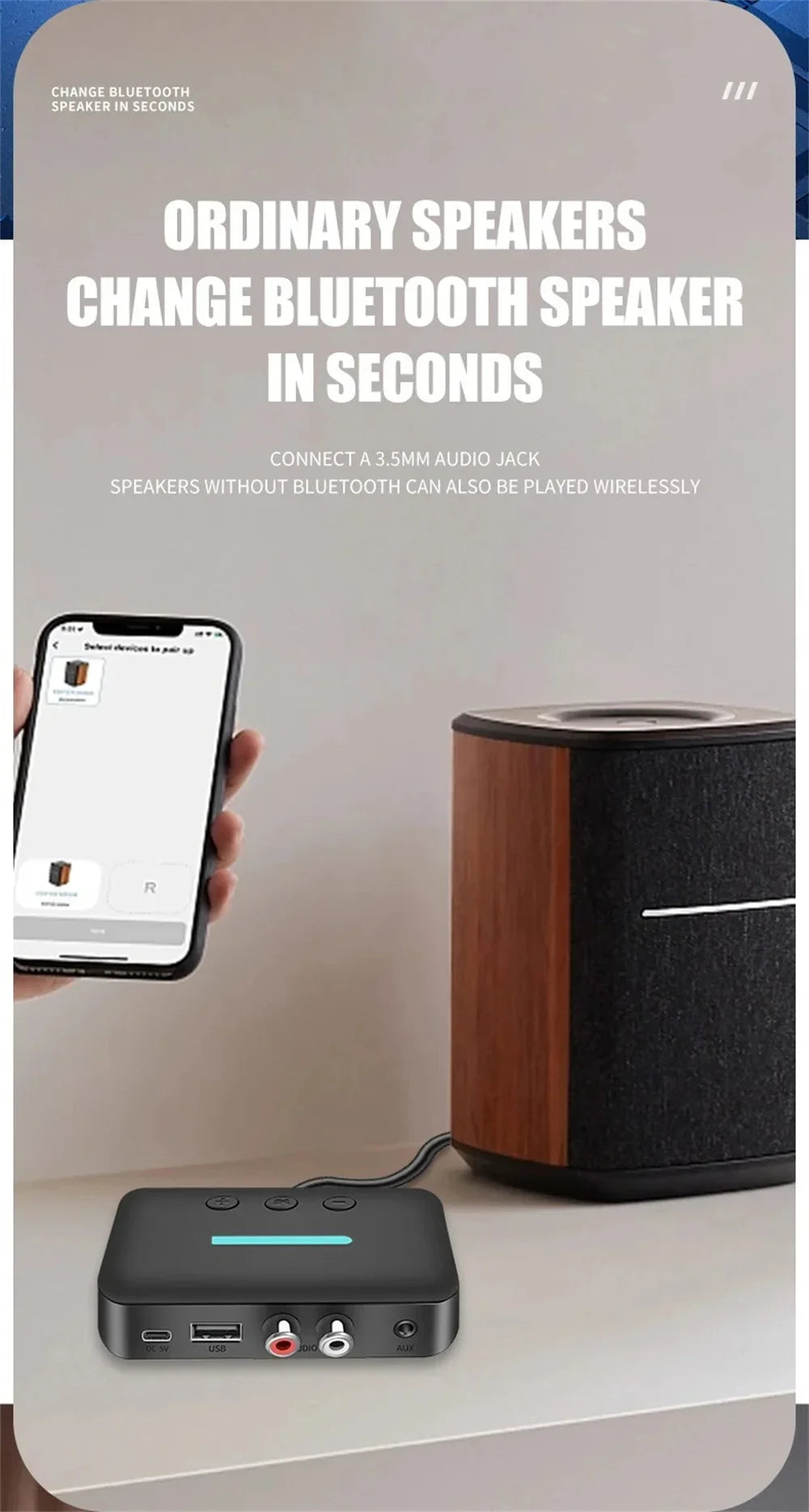 Audio Receiver Adapter Bluetooth 5.3 Stereo Music 3.5mm AUX R/L RCA USB Support U-Disk Playback For Desktop Speaker Amp