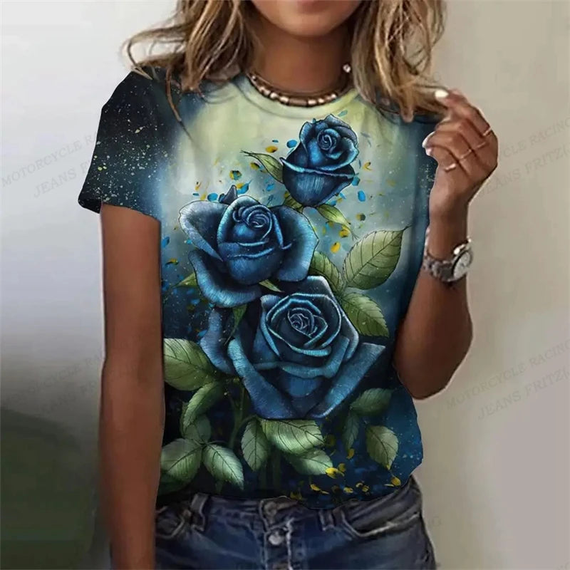Golden Rose 3d Printed Tshirt Pretty Women's Clothing Female Harajuku Floral Print Tops Tees Ladies O-Neck Short Sleeve T Shirt