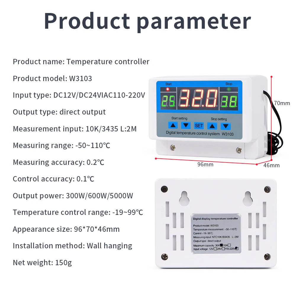 Digital Temperature Controller 220V Max 5000W Digital Thermostat 30A -19 to 99℃ Temperature Controller Switch LCD XH-W3103