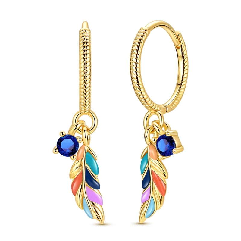 925 Sterling Silver Earrings Bohemian Colorful Feather Hoops Earrings With Zircon for Women Wedding Party Fashion Jewelry Gifts