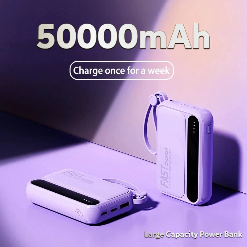 50000mAh Large Capacity Power Bank 4 In 1 Cables Intelligent Digital Display Laser Light  USB Fast Charging External Battery