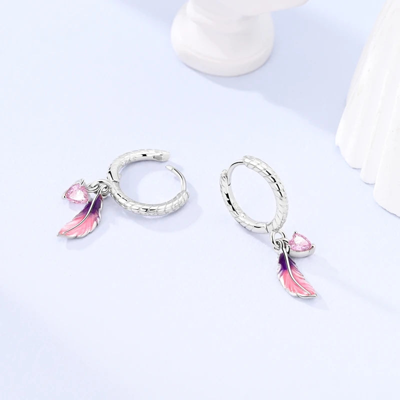 925 Sterling Silver Earrings Bohemian Colorful Feather Hoops Earrings With Zircon for Women Wedding Party Fashion Jewelry Gifts