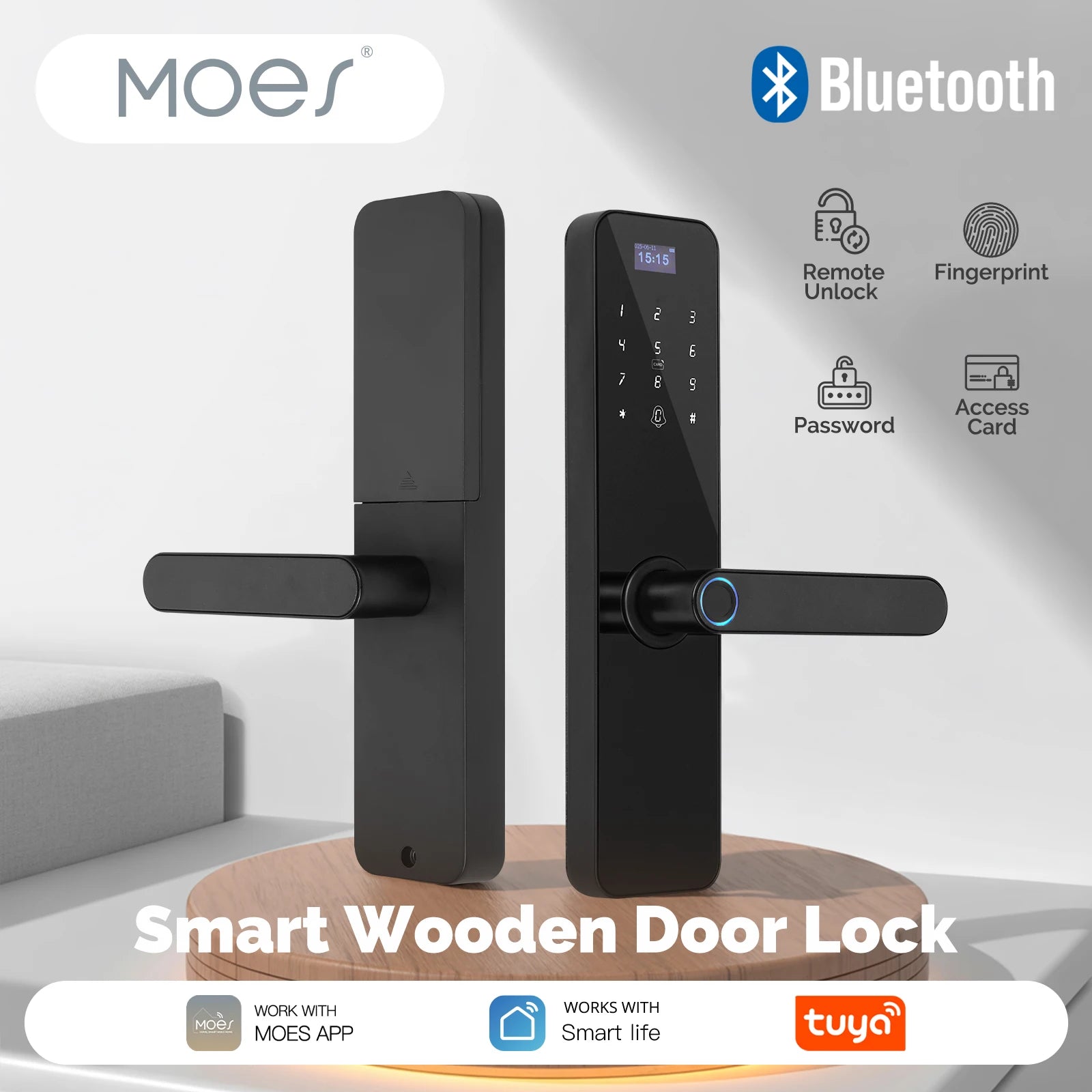 MOES Smart Wooden Door Lock - Fingerprint, Keycard, PIN Code, Remote Control, Tamper Alarm, Battery Powered, with Screen Display