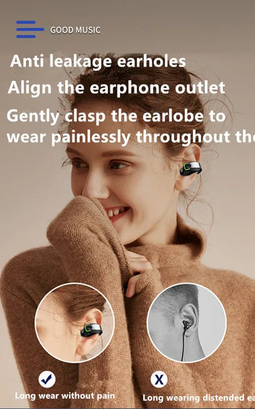 Headset With Microphone Bluetooth 5.3 Ear Clip Headphone TWS Wireless Earphone Single In-Ear HD HiFi Stereo Touch Control Sports