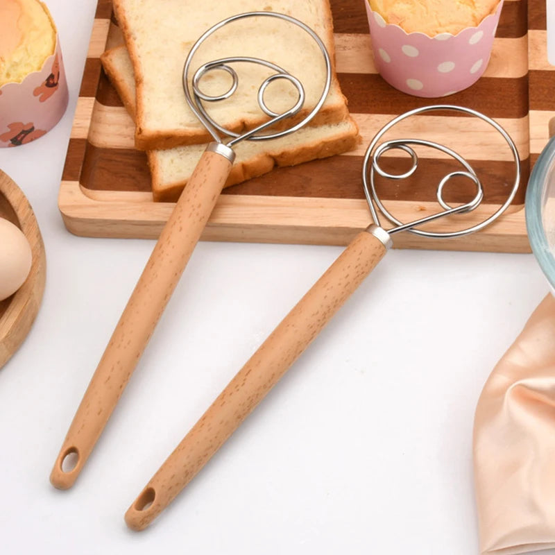 1PCS 10 Inch Creative Hand Blender DIY Danish Bread Stainless Steel Bakeware Dough Whisk Egg Beater Mixer Tool Wood Handle