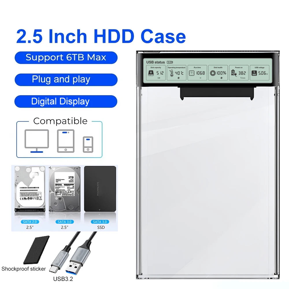 2.5'' HDD SSD Case Smart Display External HDD Enclosure USB3.2 Gen2 Hard Drive Clear Portable Storage Case for Laptop PC