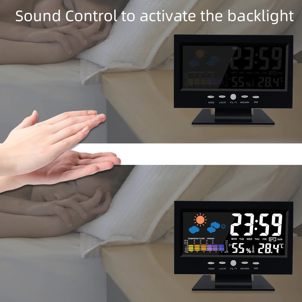 Voice Control Backlight Digital Weather Clock Date Week Temperature Humidity Weather Forecast 12/24H Electronic Clock
