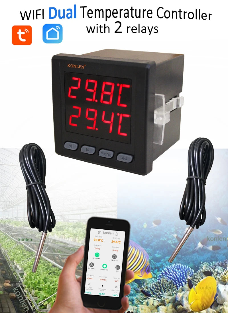 WIFI Dual Temperature Sensor Controller Tuya Thermometer Thermostat with 2 External Probe Boiler Water Heater Freezer Smartlife