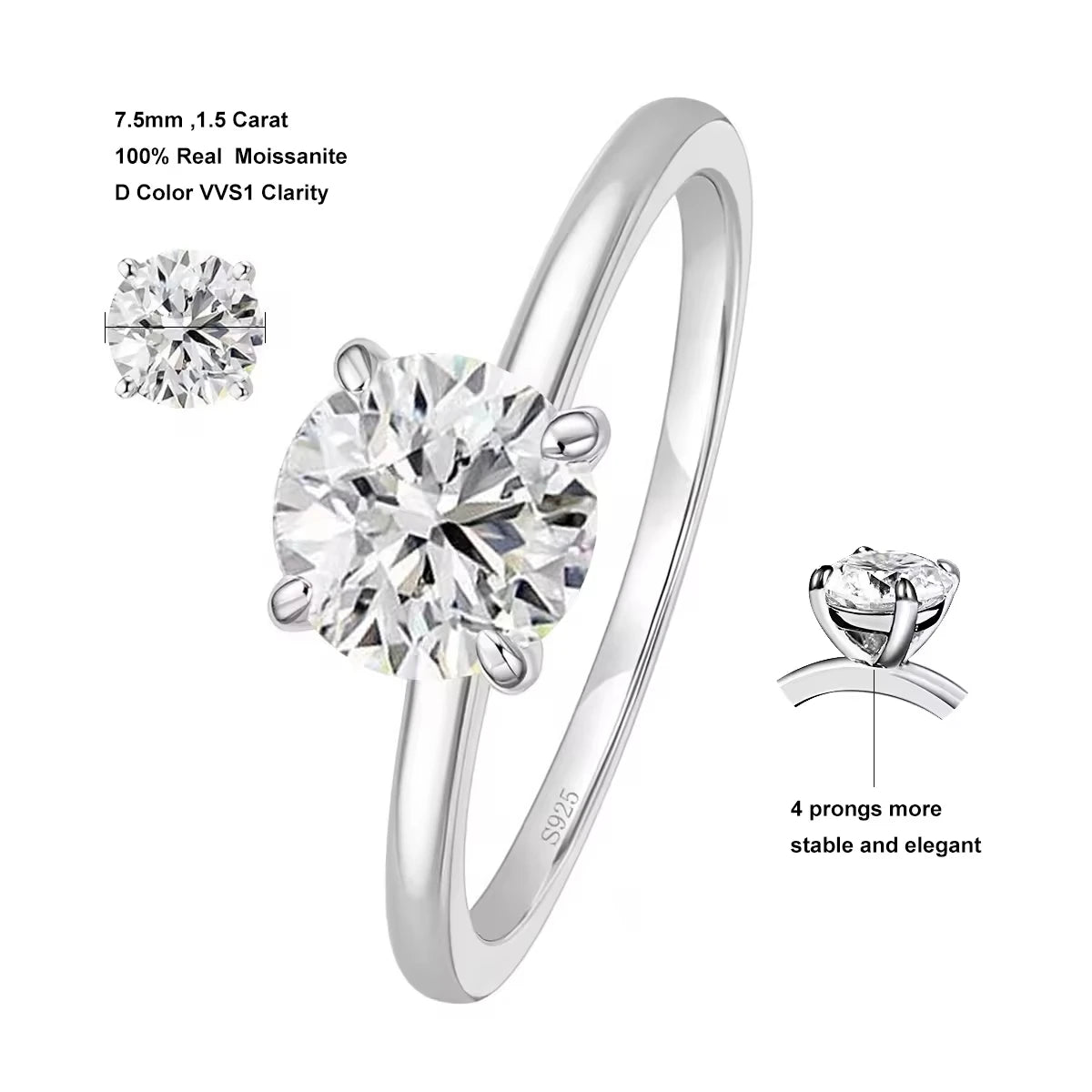 Tempusort 1.5CT Round Cut Moissanite Solitaire Engagement Ring Anti Tarnish Jewelry Rings for Women