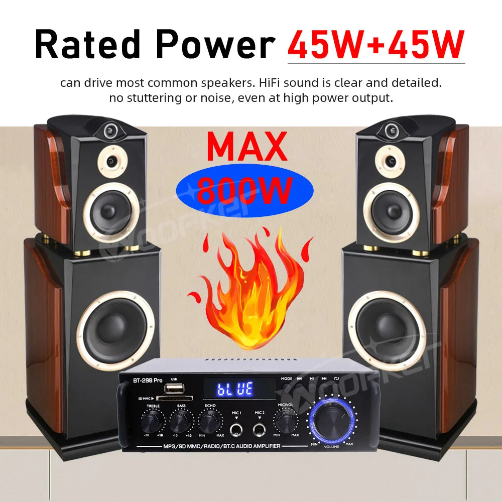 Woopker Power Amplifier BT-298 Pro 2.0 Channel Stereo Bluetooth AMP with Remote Max 800W for Home Theater Speakers Subwoofer
