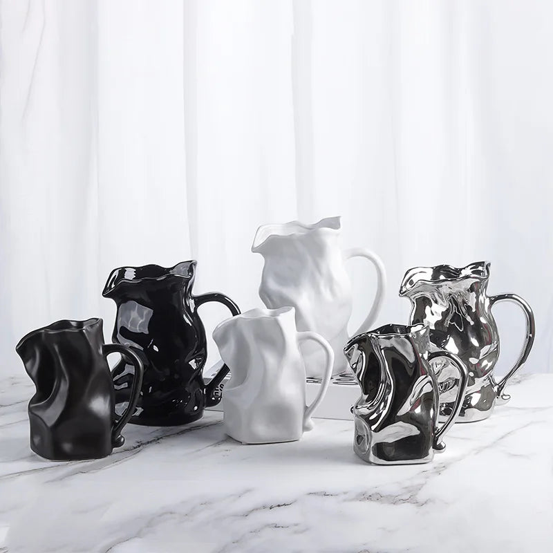 Ceramic Vase Irregularly Pleated Bottle Handle Shape Flower Hydroponics Accessories Room Decoration Vases Pots Terrarium
