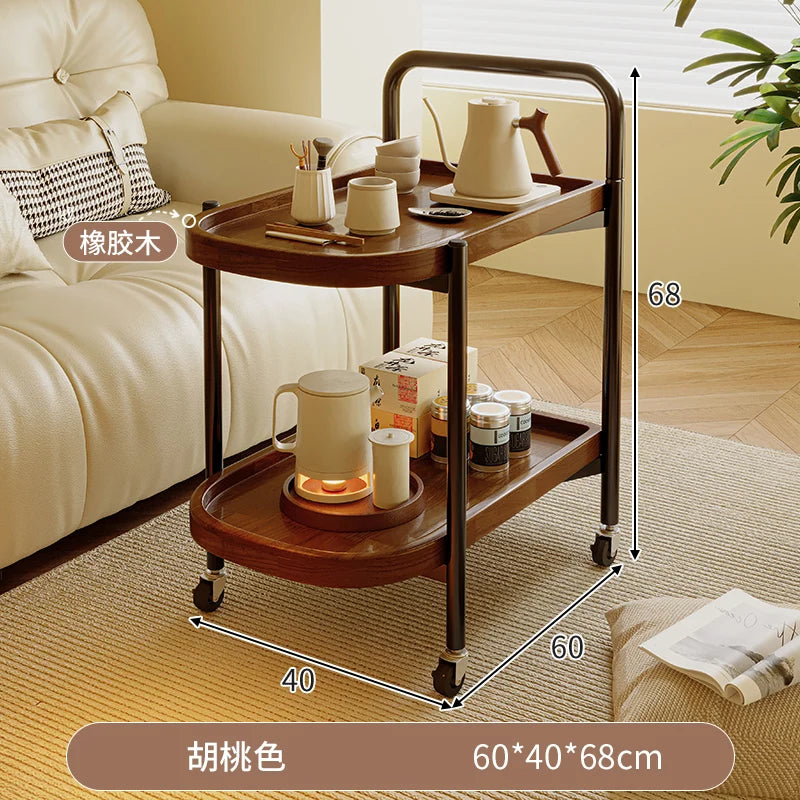 Solid Wood Rolling Cart Table Movable Side Wheels Compact Wooden Tea Trolley Living Room Portable Coffee Bedroom Bedside Storage