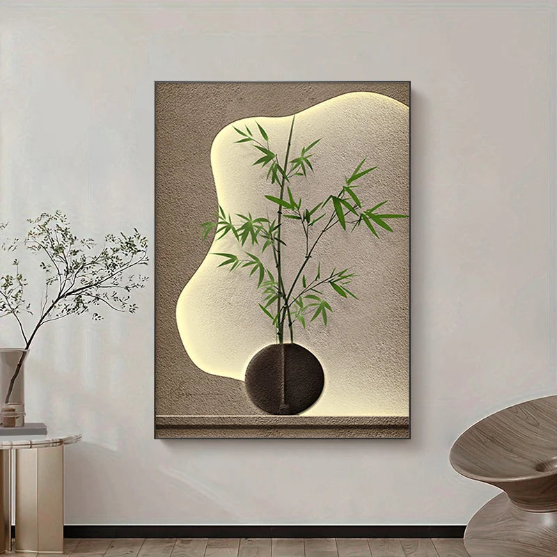 Large Simple Japanese Bamboo Wall Art with Light and Shadow Texture Modern Canvas Decor, Bedroom Minimalist Wall Art No Frame