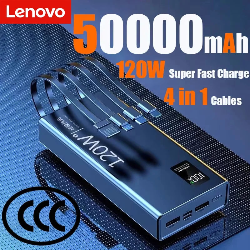 Lenovo 120W 50000mAh High Capacity Power Bank 4 in 1 Cables Fast Charging Power Bank Portable Charger for iPhone Samsung