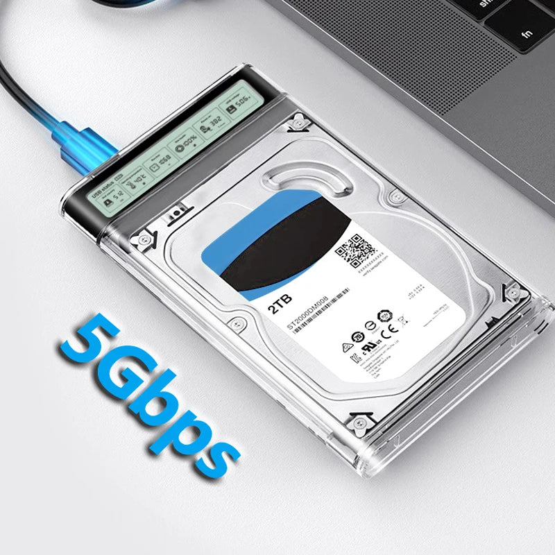 2.5'' HDD SSD Case Smart Display External HDD Enclosure USB3.2 Gen2 Hard Drive Clear Portable Storage Case for Laptop PC