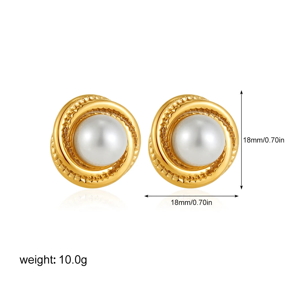 Fashion Stainless Steel Pearl Earrings for Women Texture Geometric Irregular Round Metal Stud Earring Trendy Jewelry Gift