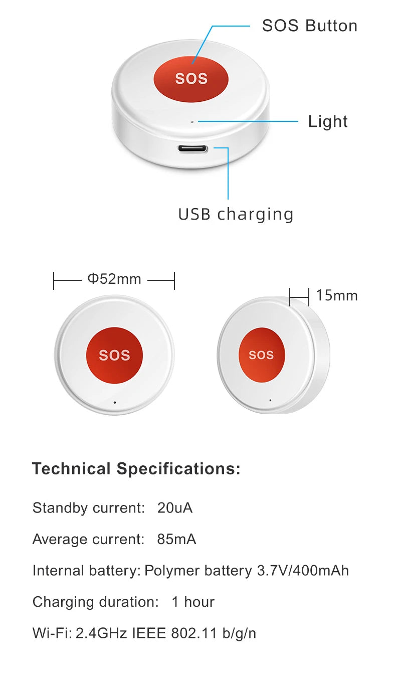 Smart Life APP WiFi SOS Emergency Button Tuya Home Security Elderly Children One Click Call Help Alarm Remote Notification