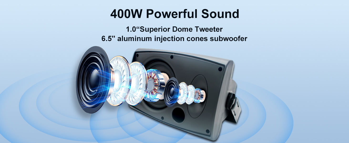 Herdio 400W 6.5‘’ Passive Outdoor Speakers Wired Waterproof 2 Way Wall Mounted Speakers With Powerful Bass For Patio Home 2PCS